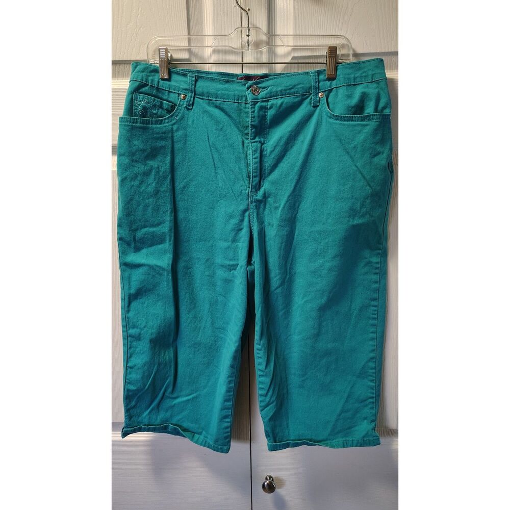 Gloria Vanderbilt Capri Pants Womens 16 Teal Green Embroidered Pocket Crop Denim